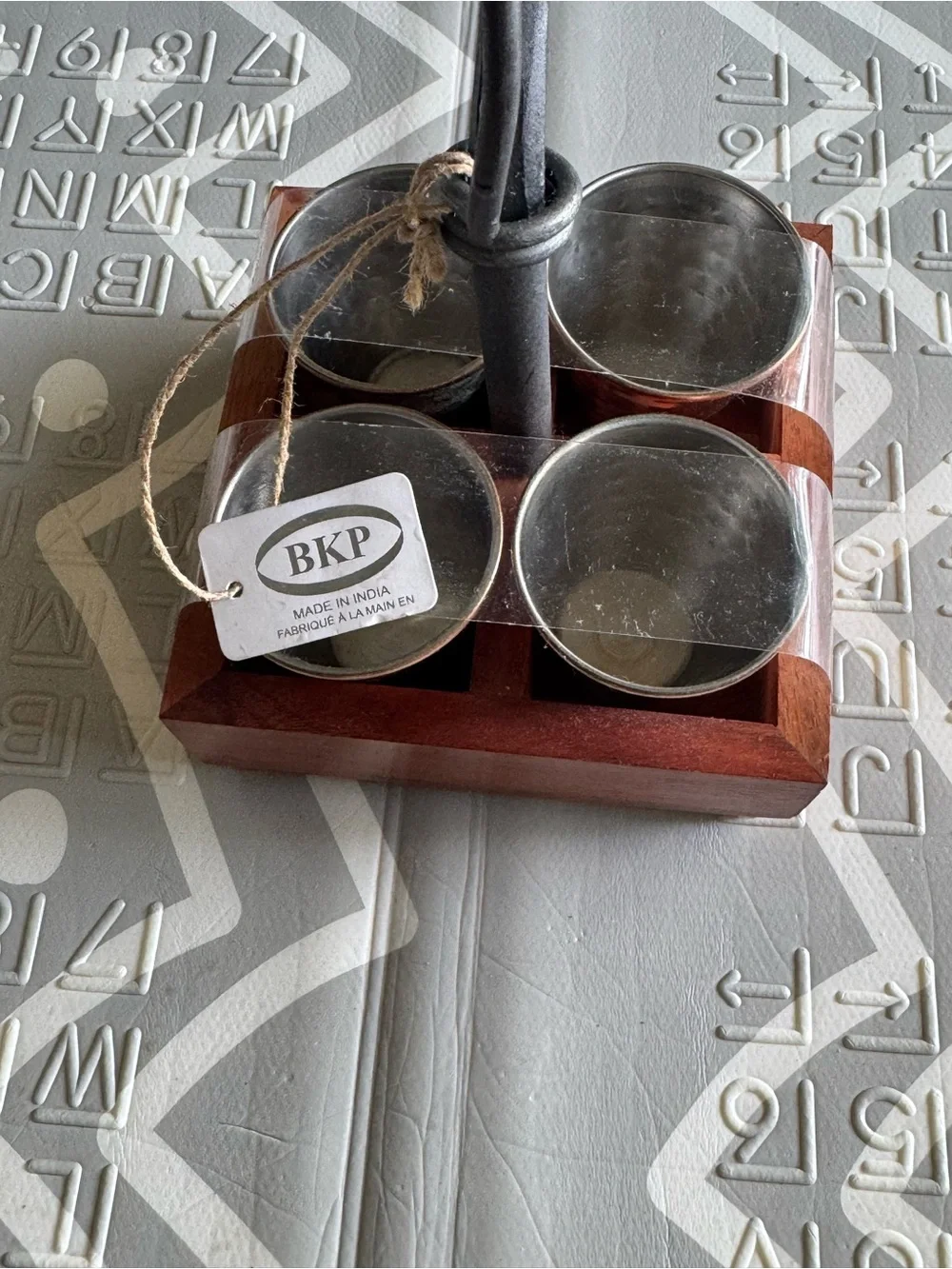 Copper Finish Condiment Caddy with Wooden Base - Brown